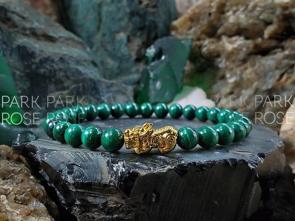 Congo Malachite Bracelet: 24K Gold Plated Pixiu Charm