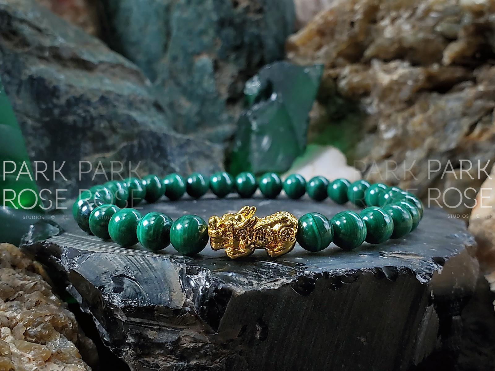 Congo Malachite Bracelet: 24K Gold Plated Pixiu Charm