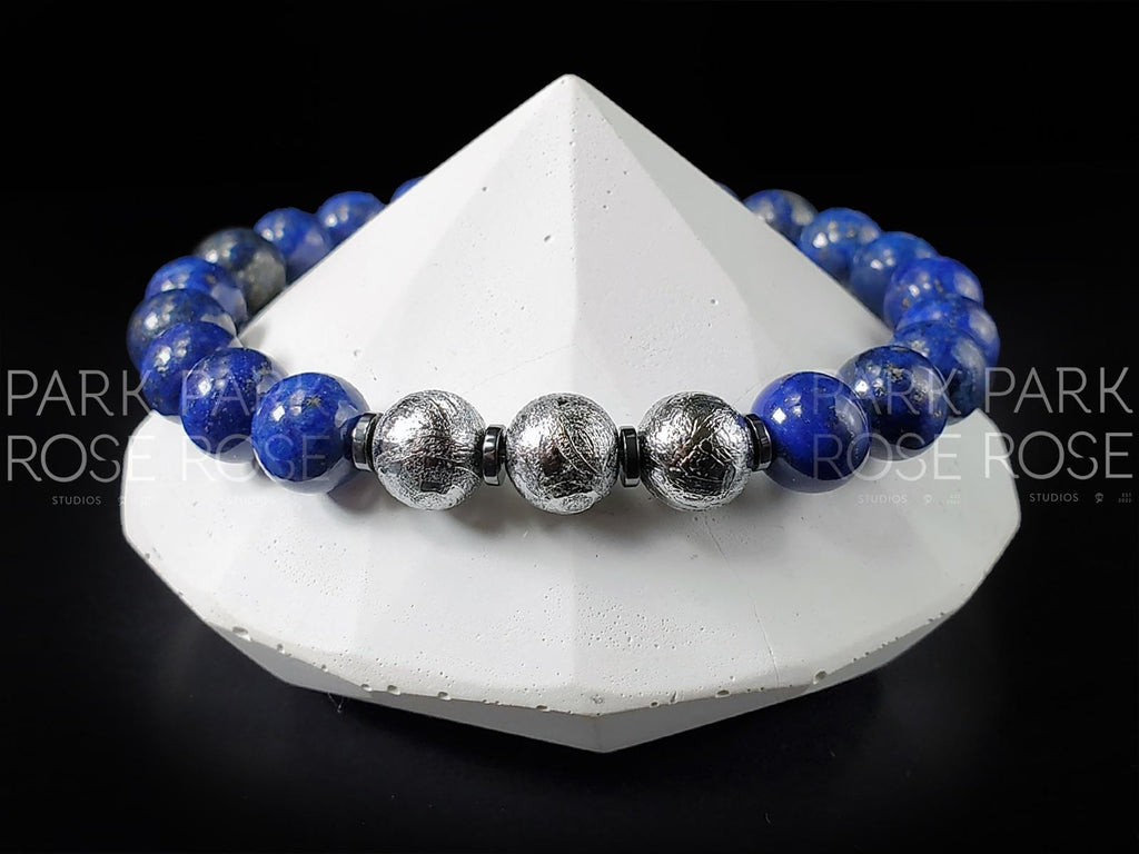 Gibeon Meteorite Bracelet: 7A Lapis Lazuli, Heishi Hematite (8mm)