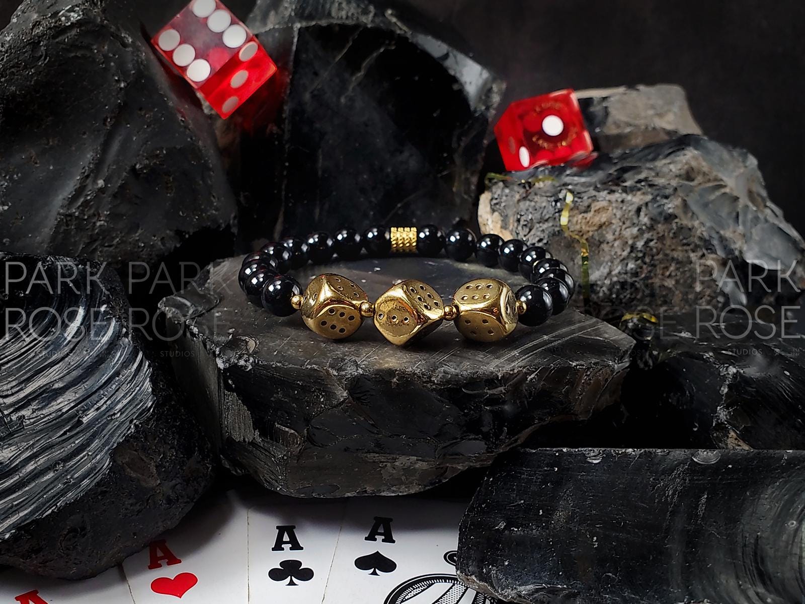 Black Tourmaline High Roller Stainless Steel Dice Bracelet