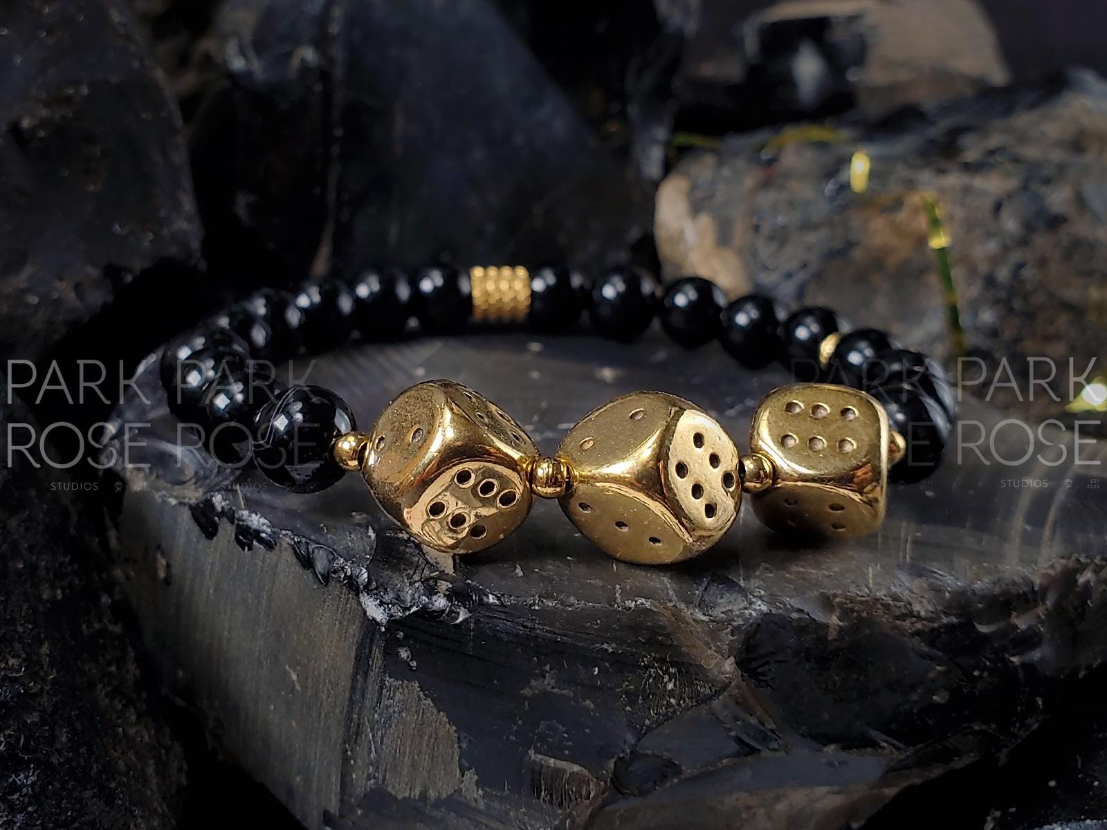 Black Tourmaline High Roller Stainless Steel Dice Bracelet