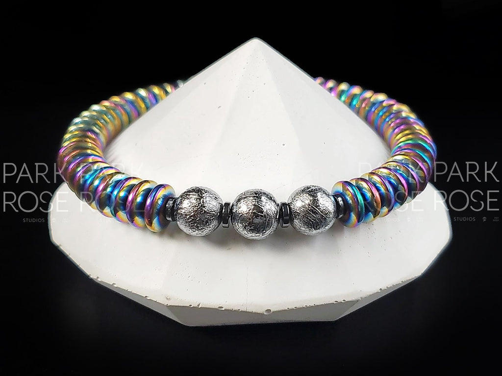 Gibeon Meteorite Bracelet: Hematite Heishi Rondelle, Iron Nickel (8mm)
