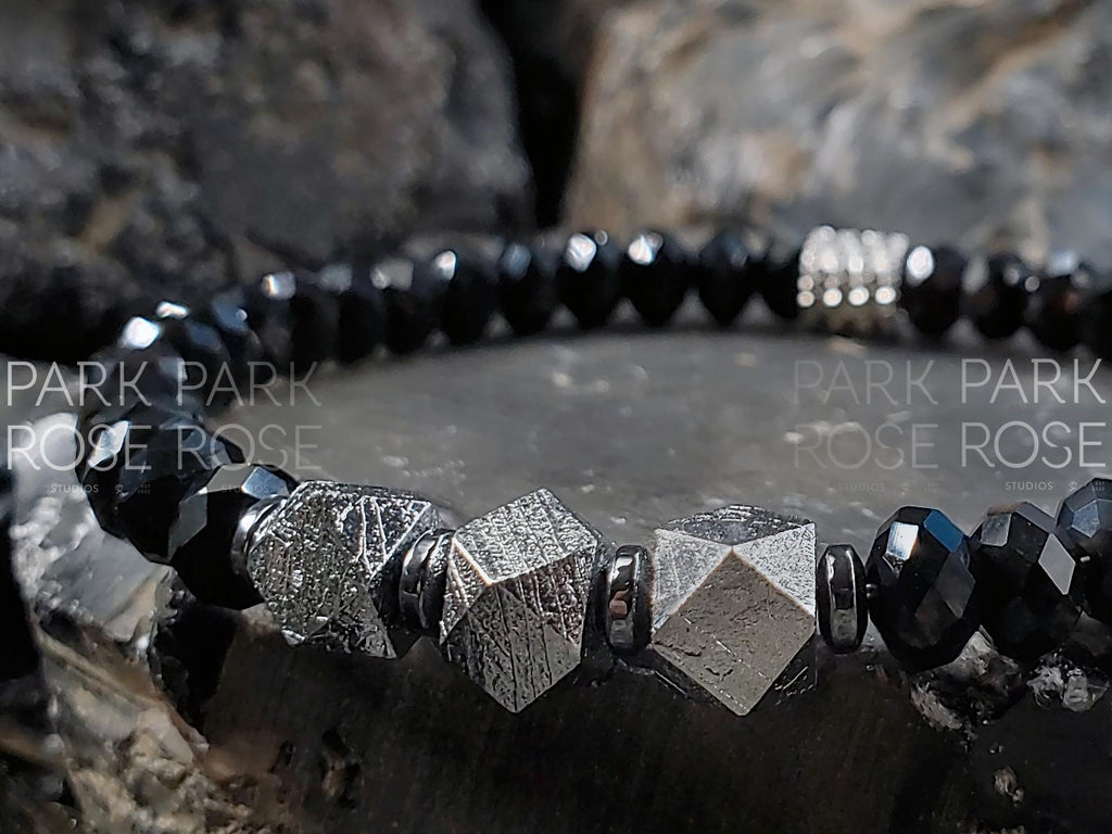 Gibeon Meteorite Bracelet: Faceted Black Spinel & Hematite Beads (6mm)