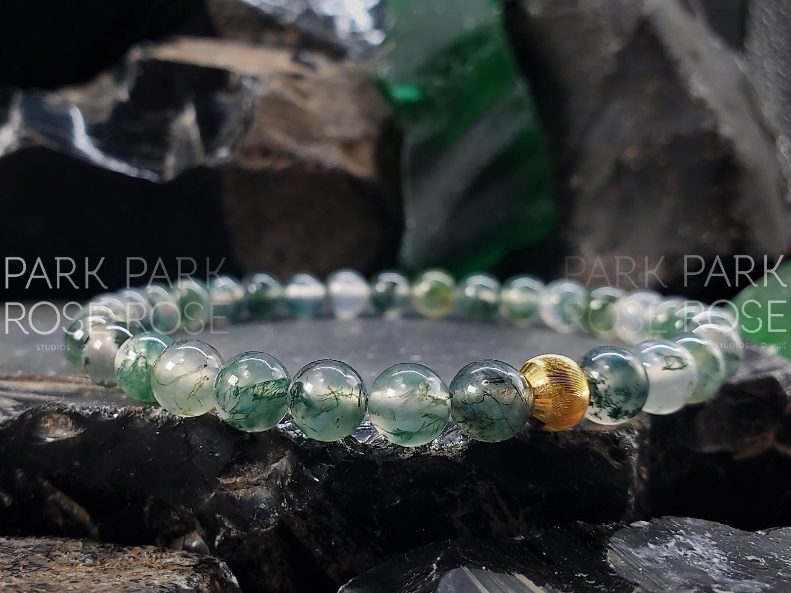 Moss Agate Bracelet: 24K Gold Cat Eye Bead