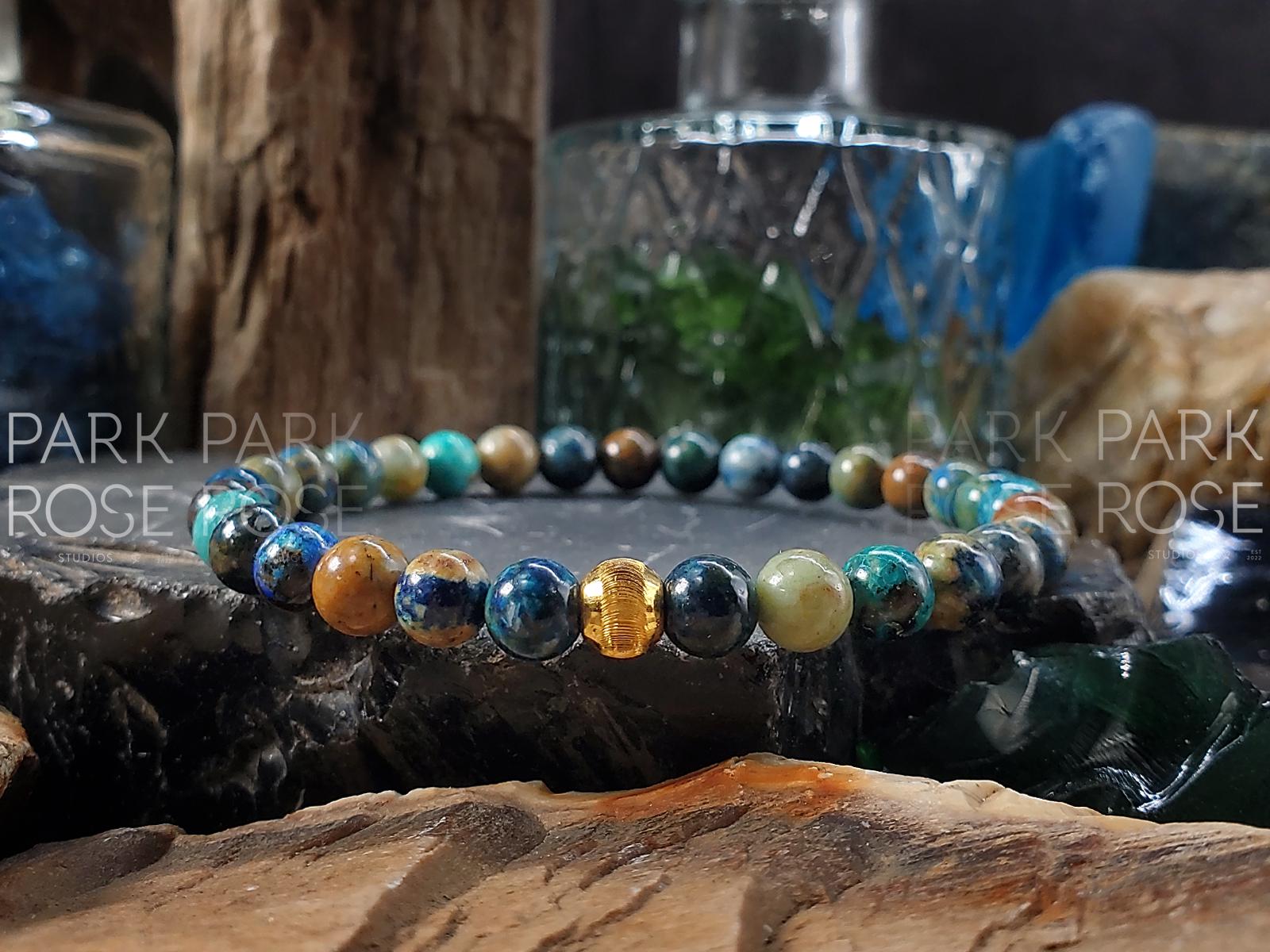 Phoenix Chrysocolla Lapis Lazuli Bracelet: 24K Gold Cat Eye Bead