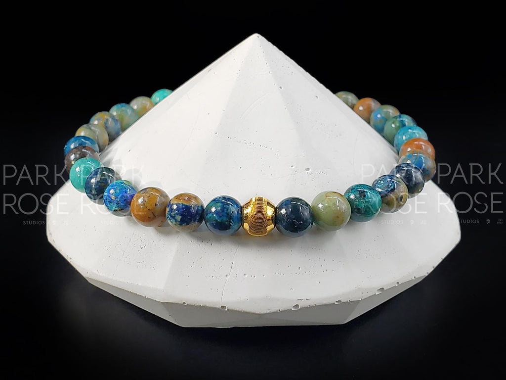 Phoenix Chrysocolla Lapis Lazuli Bracelet: 24K Gold Cat Eye Bead