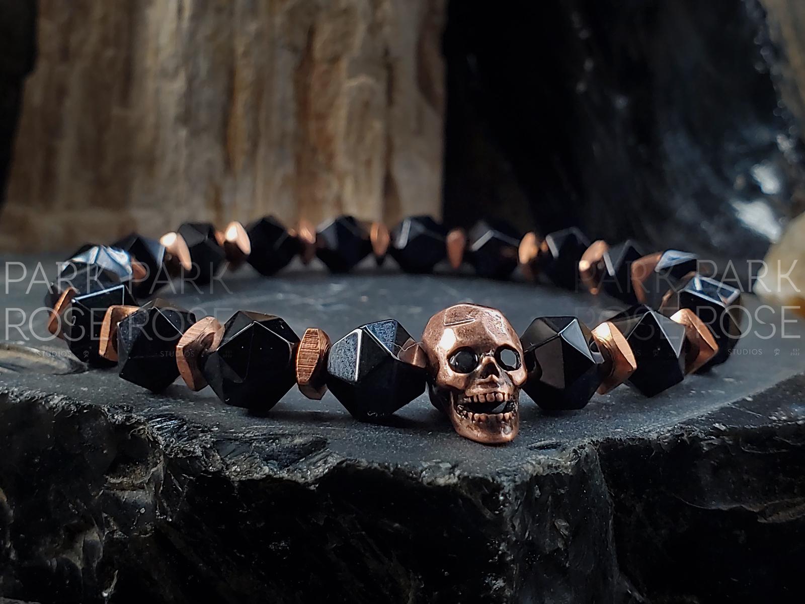 Copper Skull Bracelet: Black Agate
