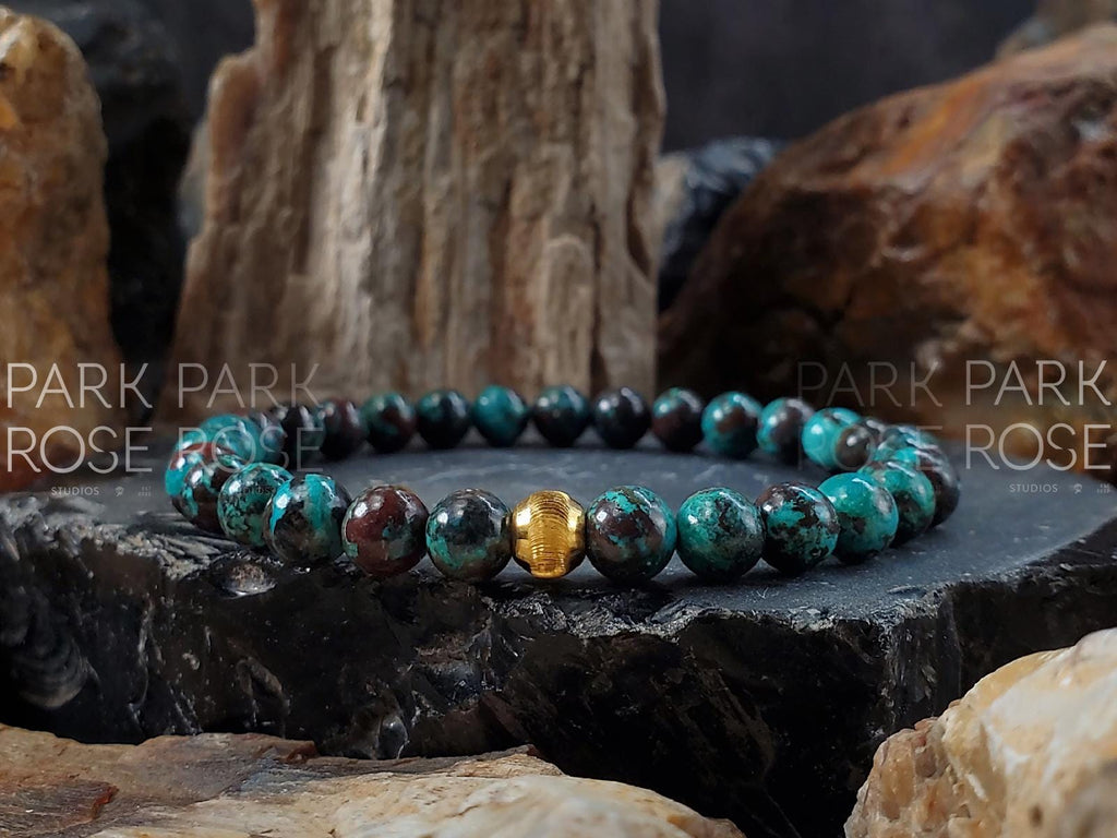 Chrysocolla Turquoise Bracelet: 24K Gold Cat Eye Bead (6mm)