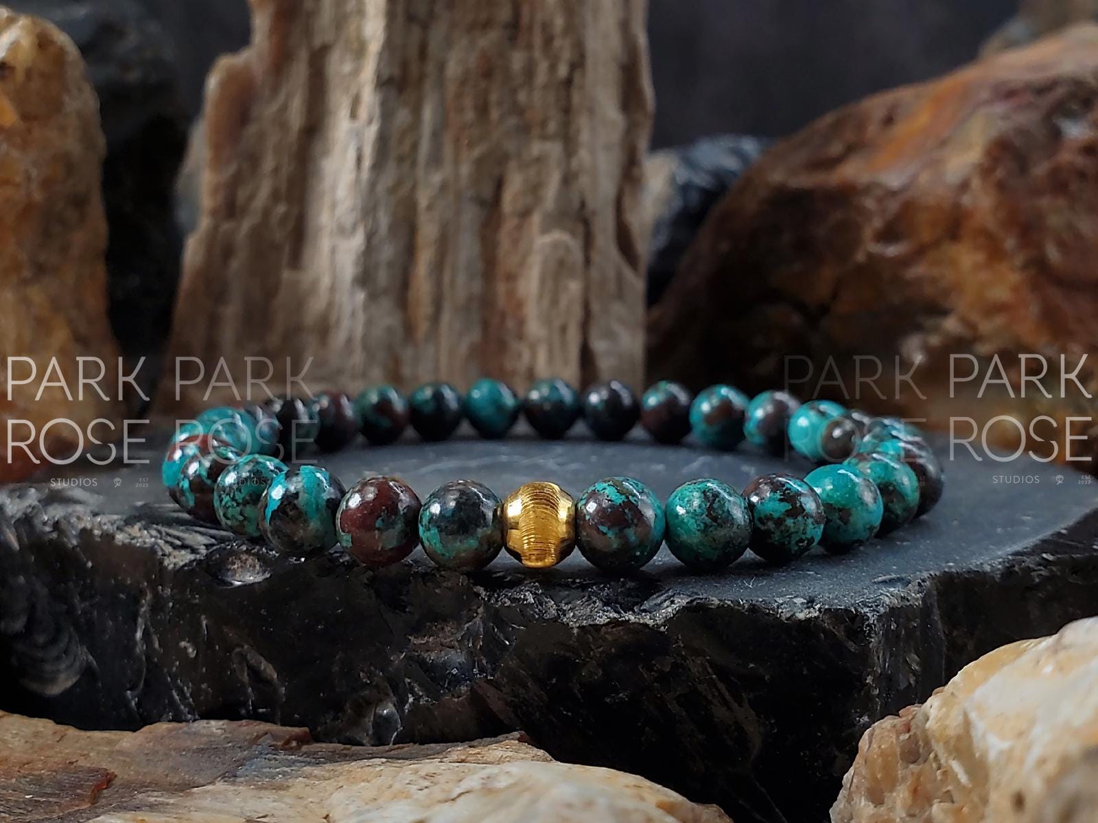 Chrysocolla Turquoise Bracelet: 24K Gold Cat Eye Bead (6mm)