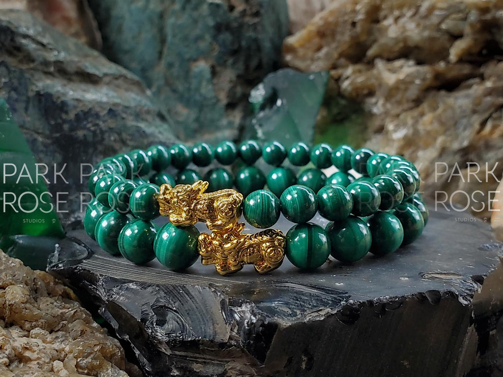 Congo Malachite Bracelet: 24K Gold Plated Pixiu Charm