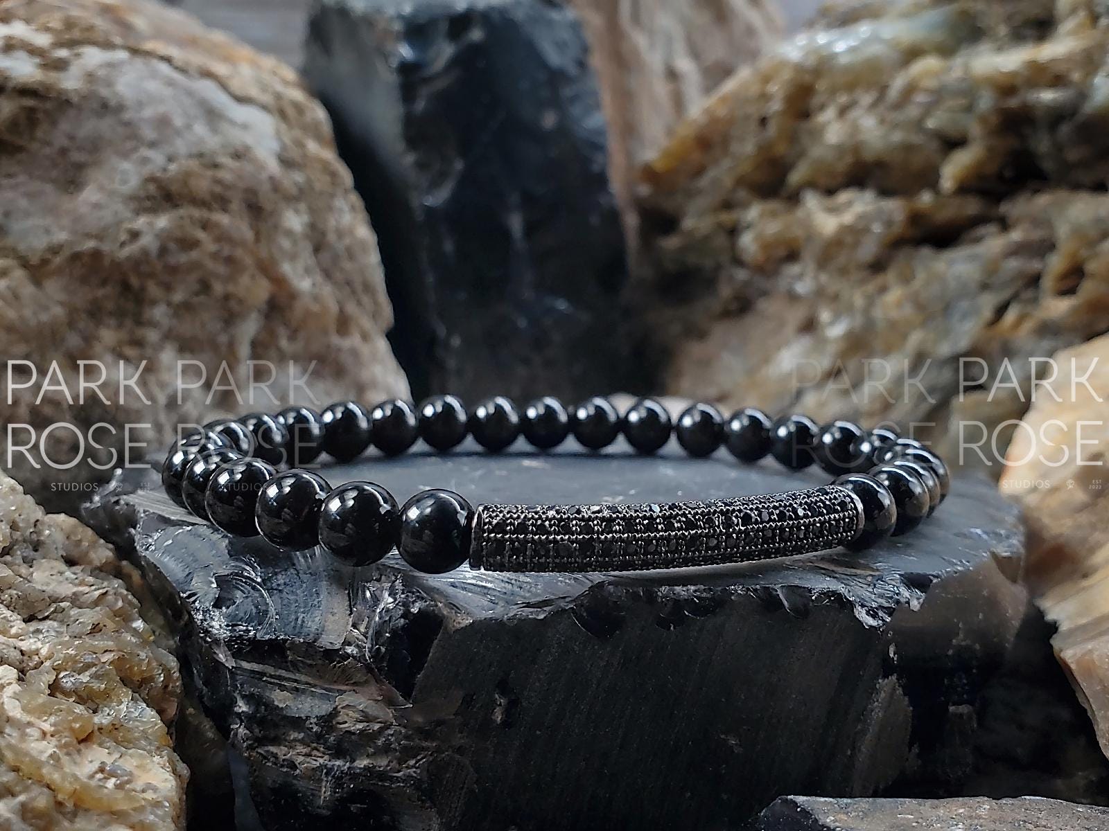AAA Black Tourmaline & Zirconia Bar Bracelet (6mm)
