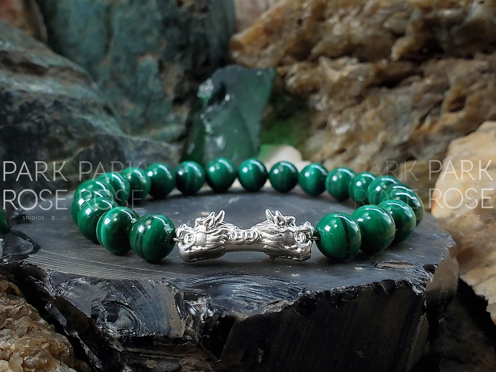 Congo Malachite Bracelet: Sterling Silver Double Dragon (8mm)