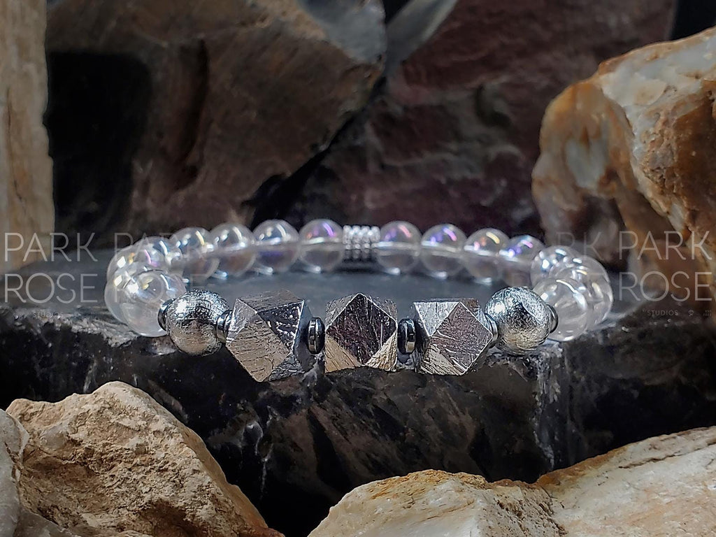 Gibeon Meteorite Bracelet: Angel Aura Quartz Crystal, Iron Nickel (8mm)