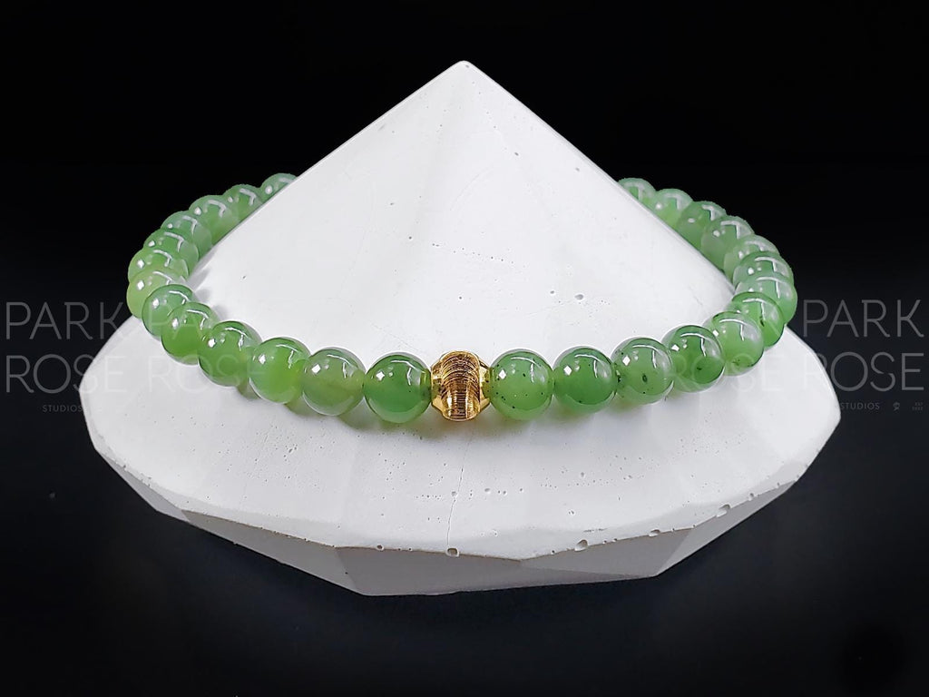 High Grade Nephrite Green Jade Bracelet: 24K Gold Cat Eye Bead