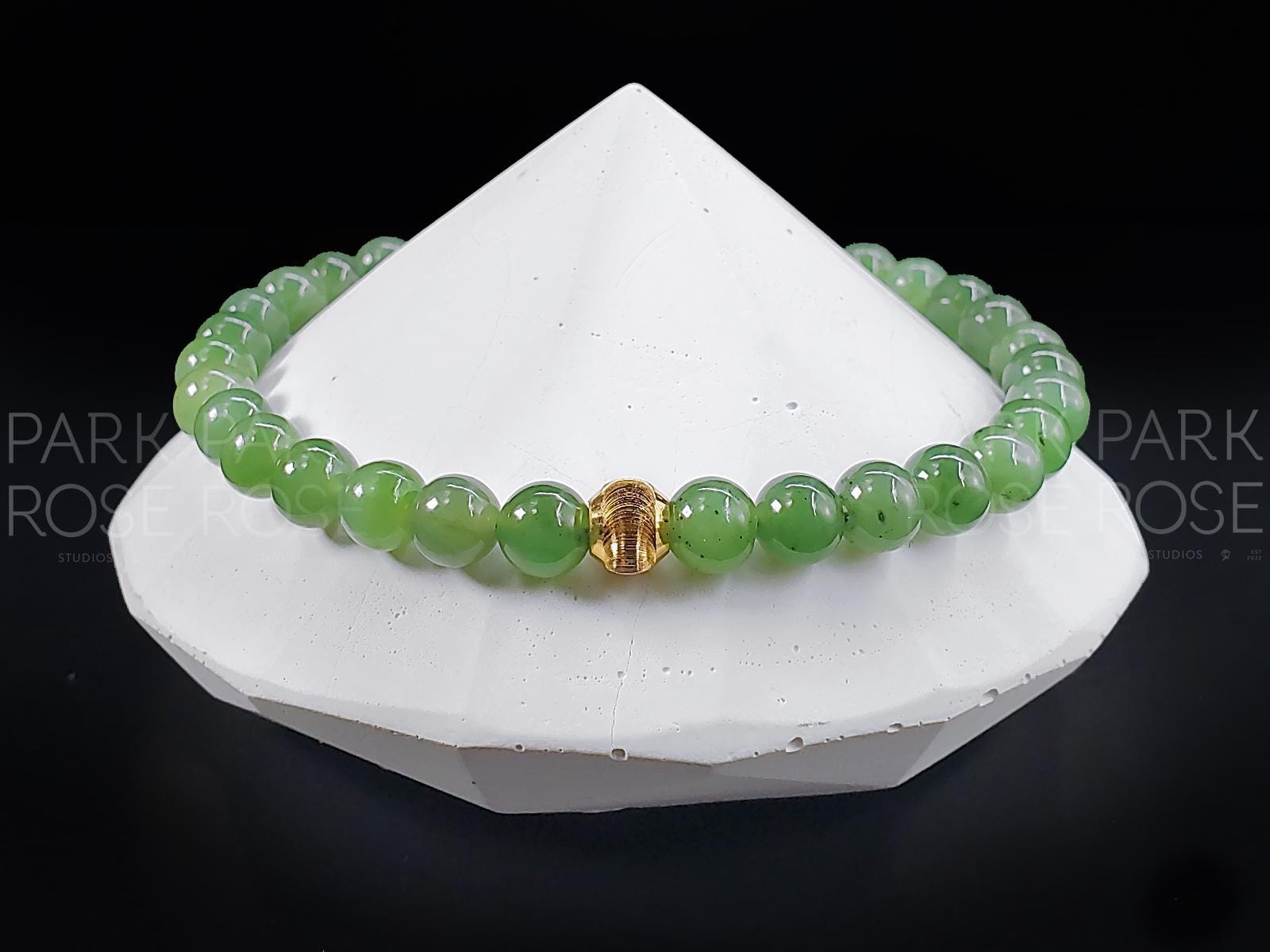 High Grade Nephrite Green Jade Bracelet: 24K Gold Cat Eye Bead