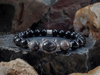 Black Tourmaline & Silver Obsidian Gemstone Bracelet: Sterling Silver Hypersthene Cat Charm (8mm)