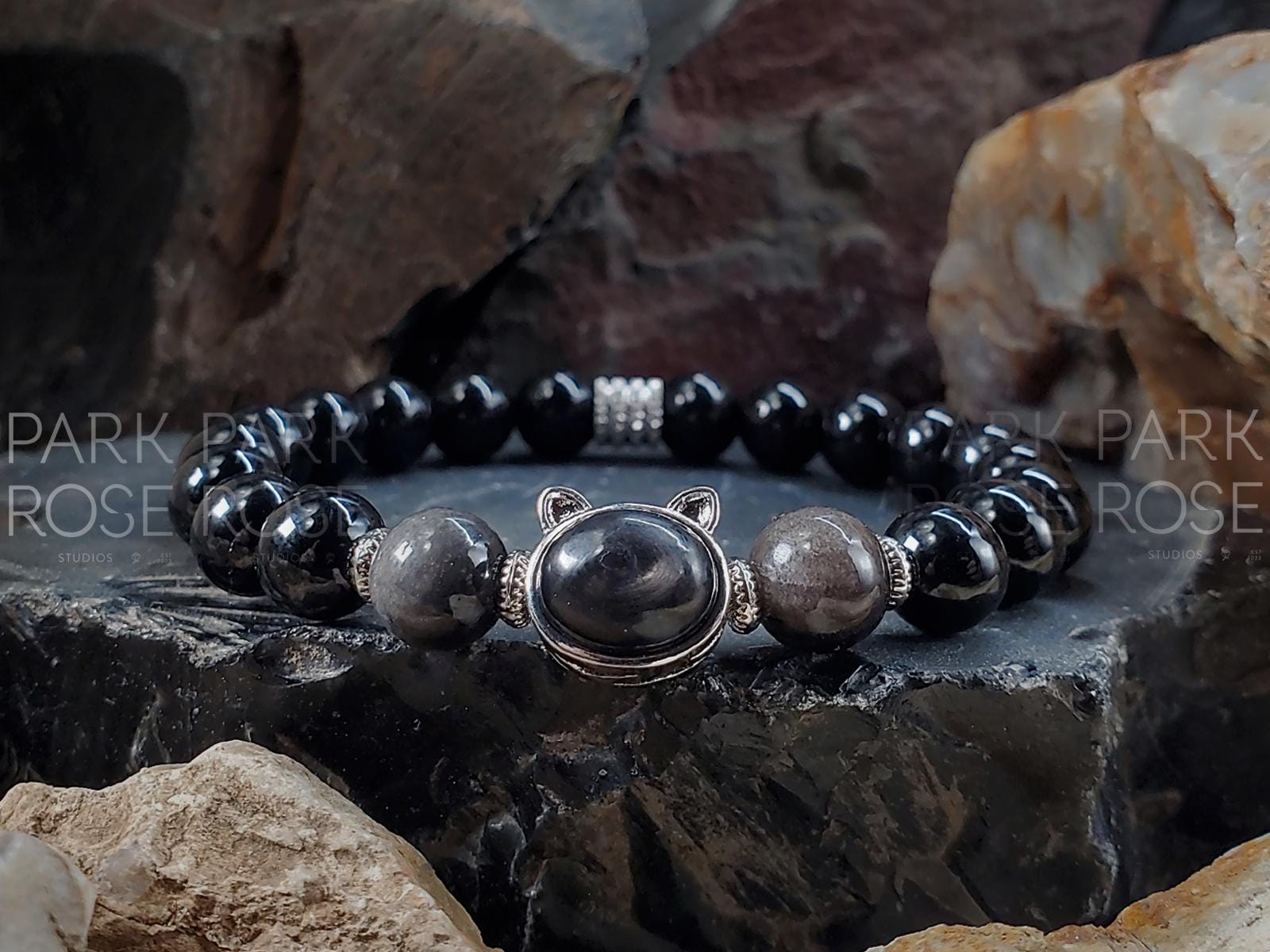 Black Tourmaline & Silver Obsidian Gemstone Bracelet: Sterling Silver Hypersthene Cat Charm (8mm)