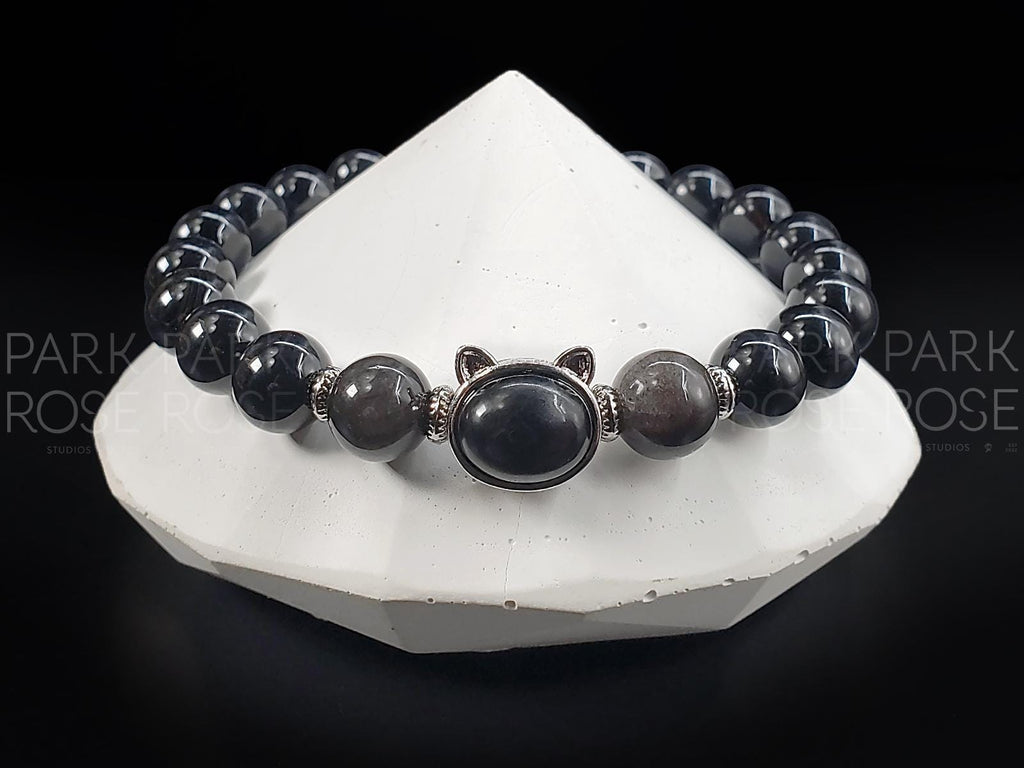 Black Tourmaline & Silver Obsidian Gemstone Bracelet: Sterling Silver Hypersthene Cat Charm (8mm)