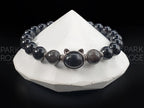 Black Tourmaline & Silver Obsidian Gemstone Bracelet: Sterling Silver Hypersthene Cat Charm (8mm)