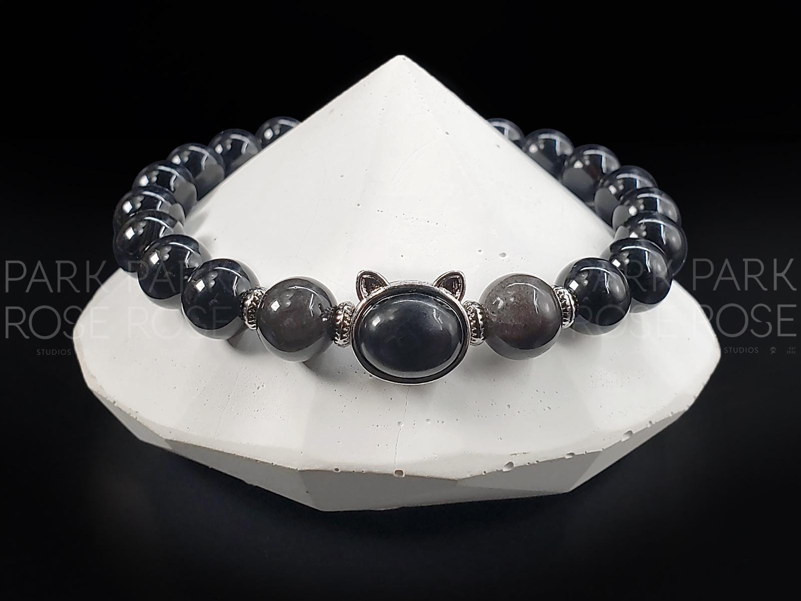 Black Tourmaline & Silver Obsidian Gemstone Bracelet: Sterling Silver Hypersthene Cat Charm (8mm)