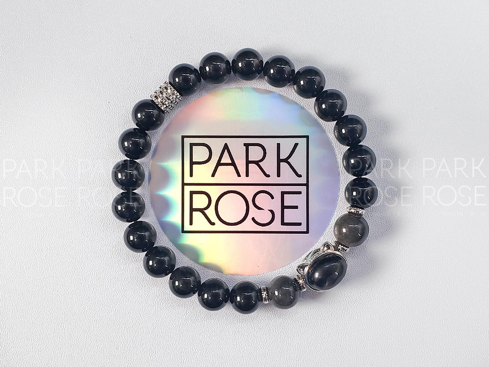 Black Tourmaline & Silver Obsidian Gemstone Bracelet: Sterling Silver Hypersthene Cat Charm (8mm)