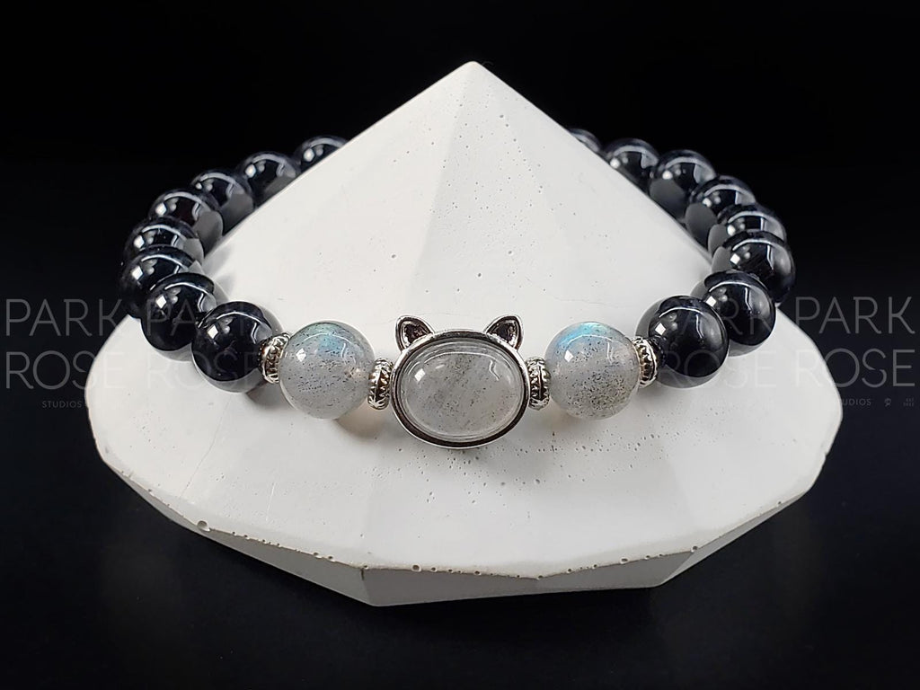 Black Tourmaline Sterling Silver Labradorite Cat Bracelet (8mm)