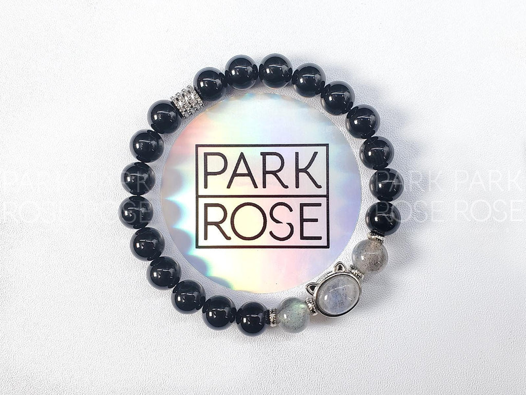 Black Tourmaline Sterling Silver Labradorite Cat Bracelet (8mm)