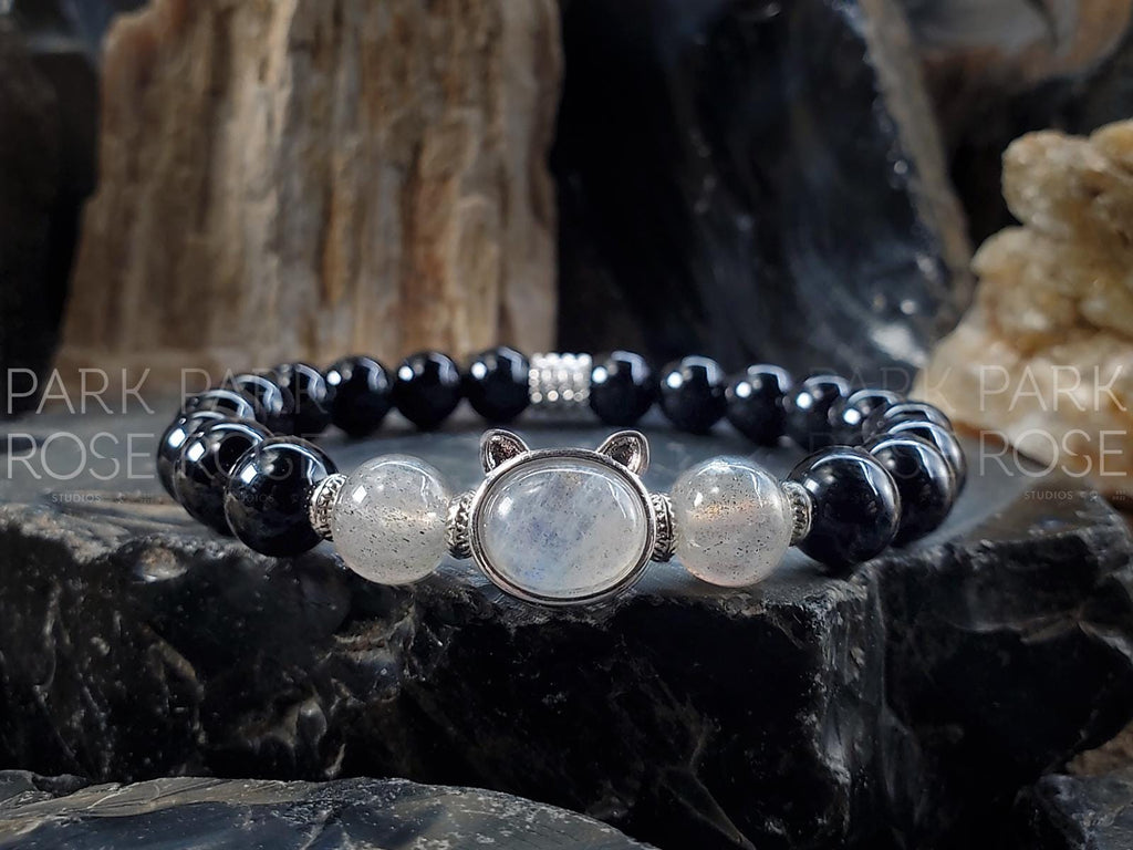 Black Tourmaline Sterling Silver Labradorite Cat Bracelet (8mm)