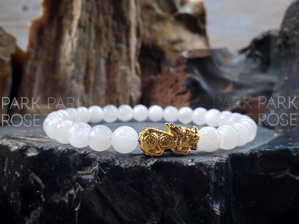 Transparent Moonstone Gemstone Bracelet: 24K Gold Plated Pixiu Charm (6mm)