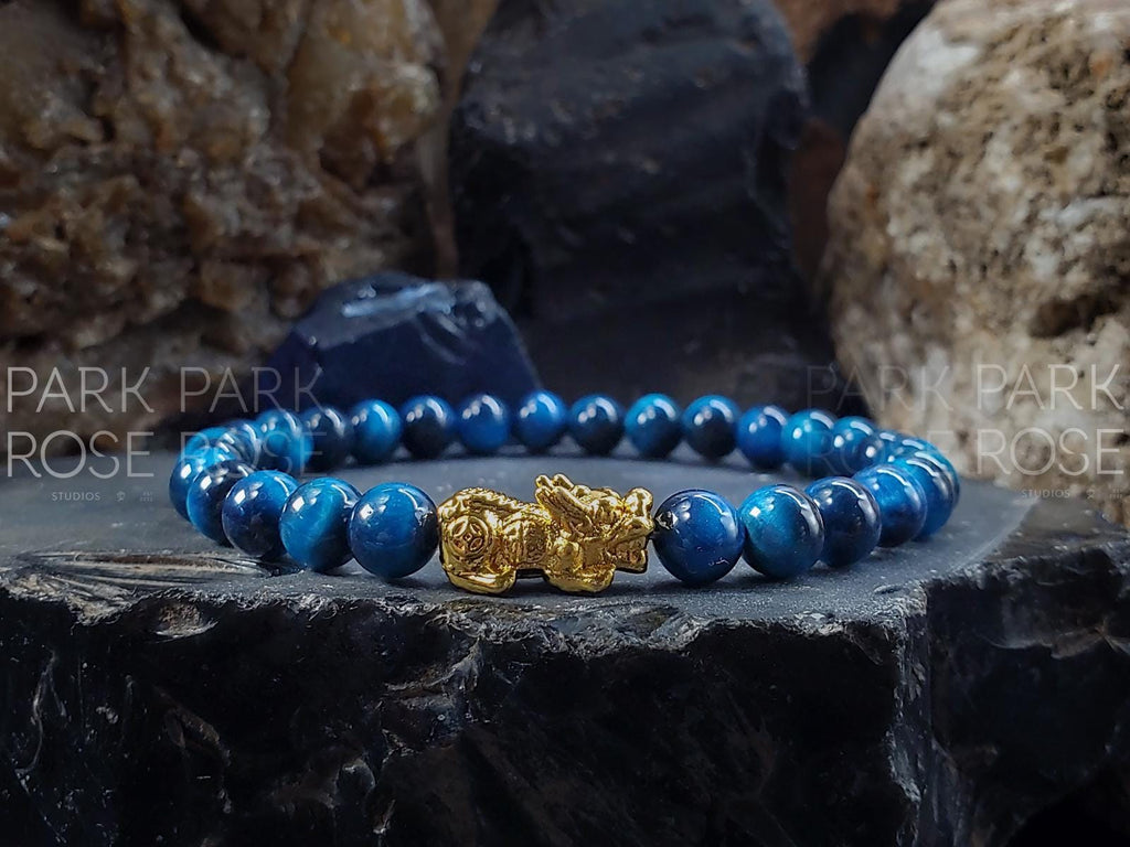 Tiger's Eye Gemstone Bracelet: 24K Gold Plated Pixiu Charm (6mm)