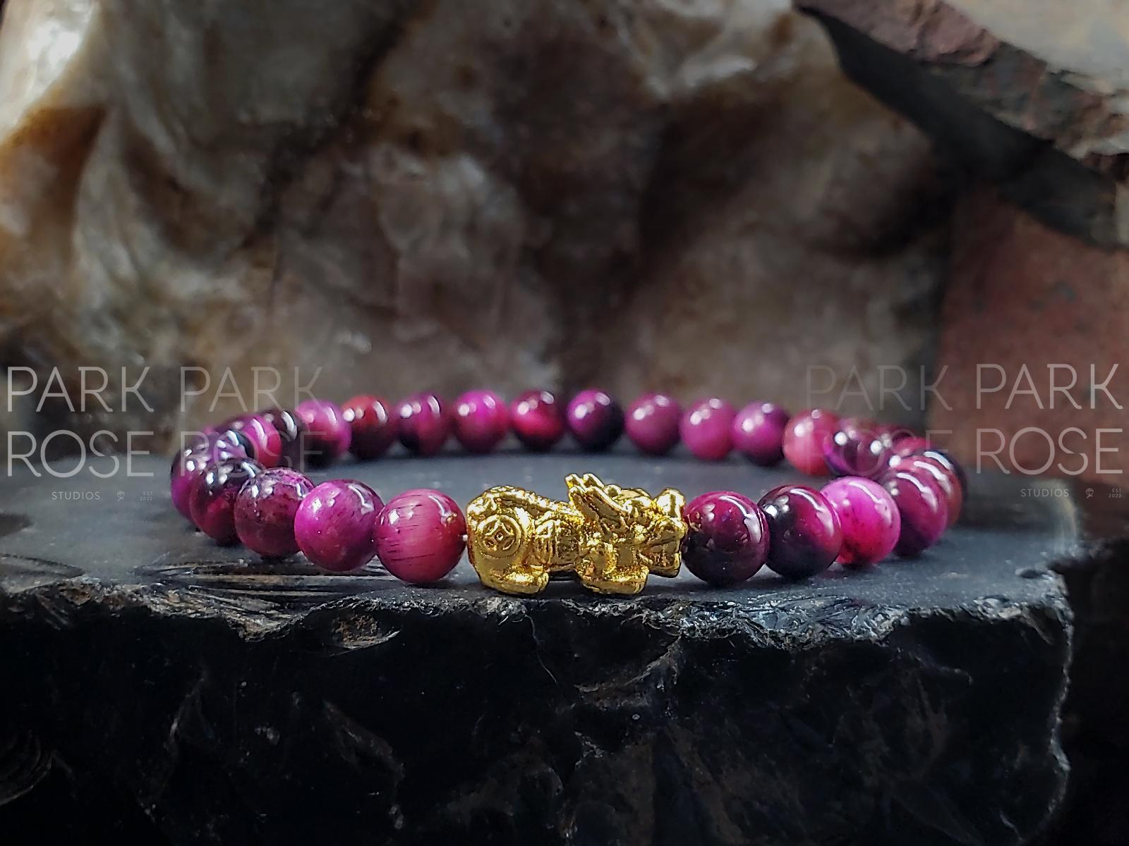 Tiger's Eye Gemstone Bracelet: 24K Gold Plated Pixiu Charm (6mm)