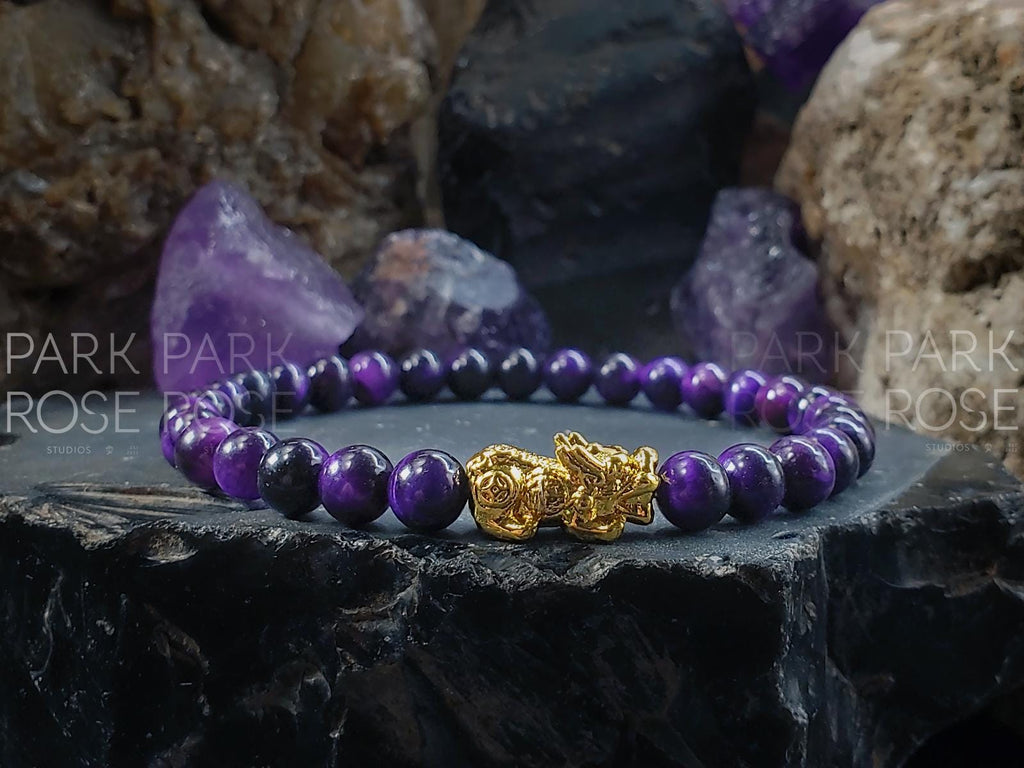 Tiger's Eye Gemstone Bracelet: 24K Gold Plated Pixiu Charm (6mm)