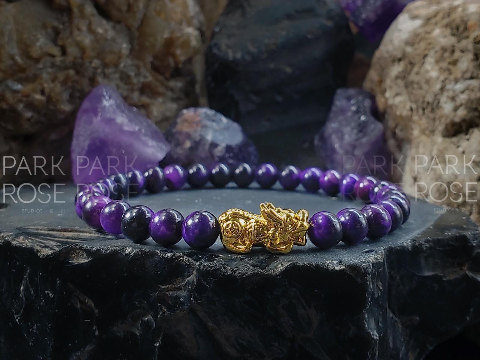 Tiger's Eye Gemstone Bracelet: 24K Gold Plated Pixiu Charm (6mm)