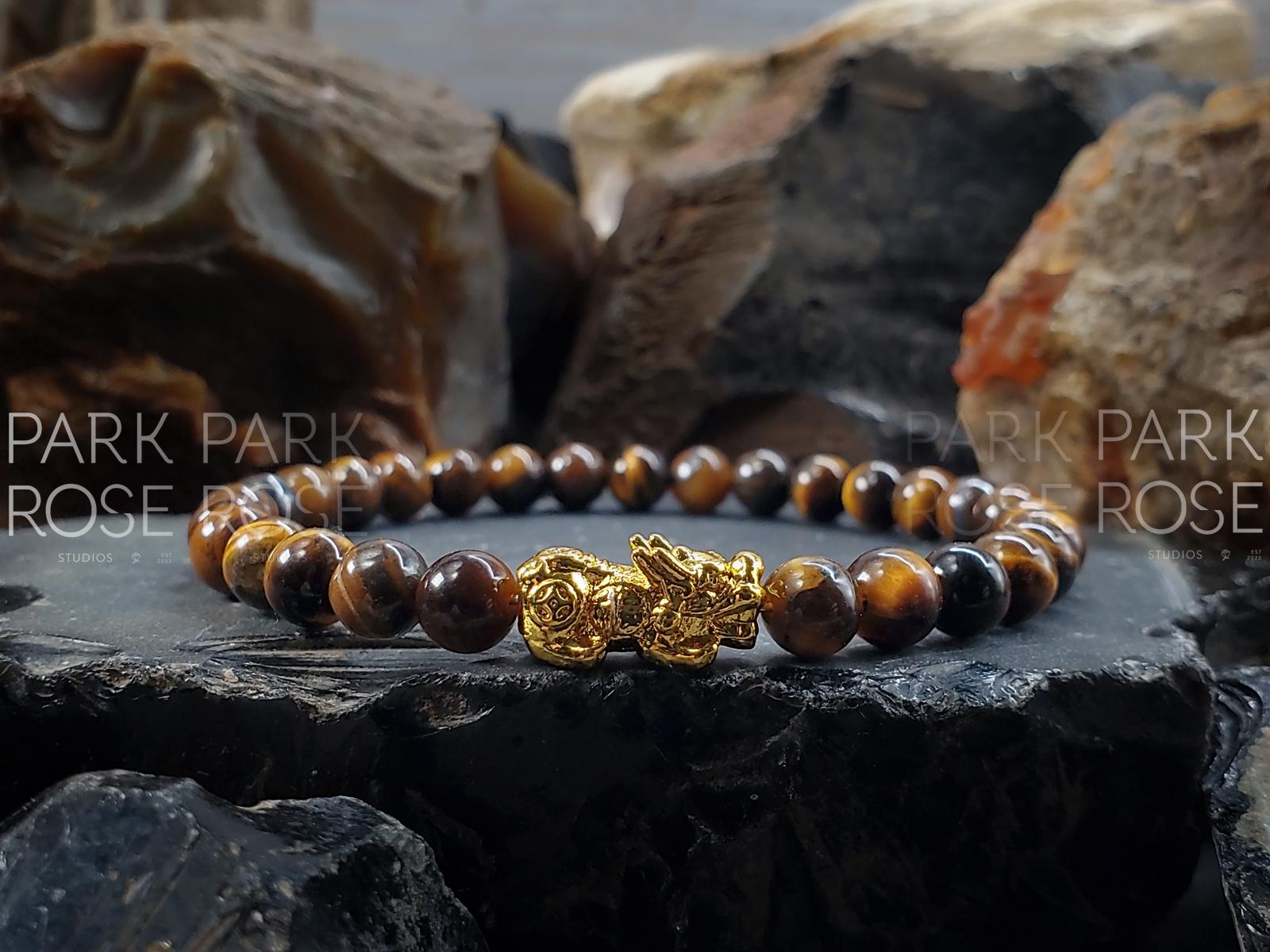 Tiger's Eye Gemstone Bracelet: 24K Gold Plated Pixiu Charm (6mm)