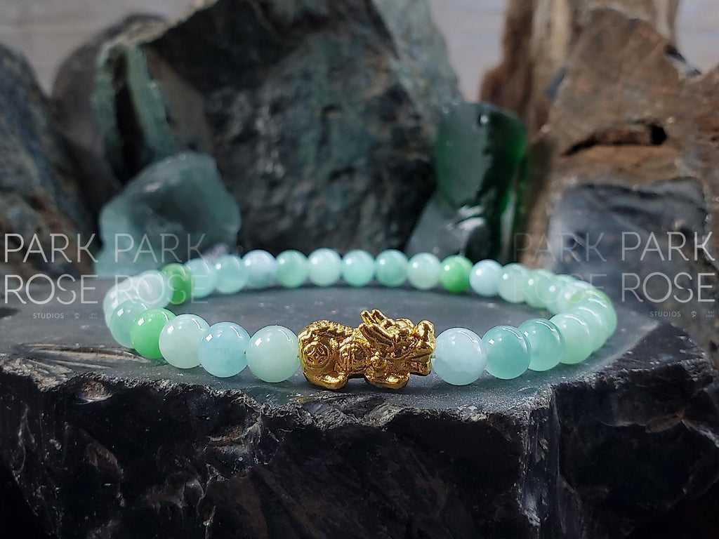 Burma Jadeite Bracelet: 24K Gold Plated Pixiu Charm (6mm)