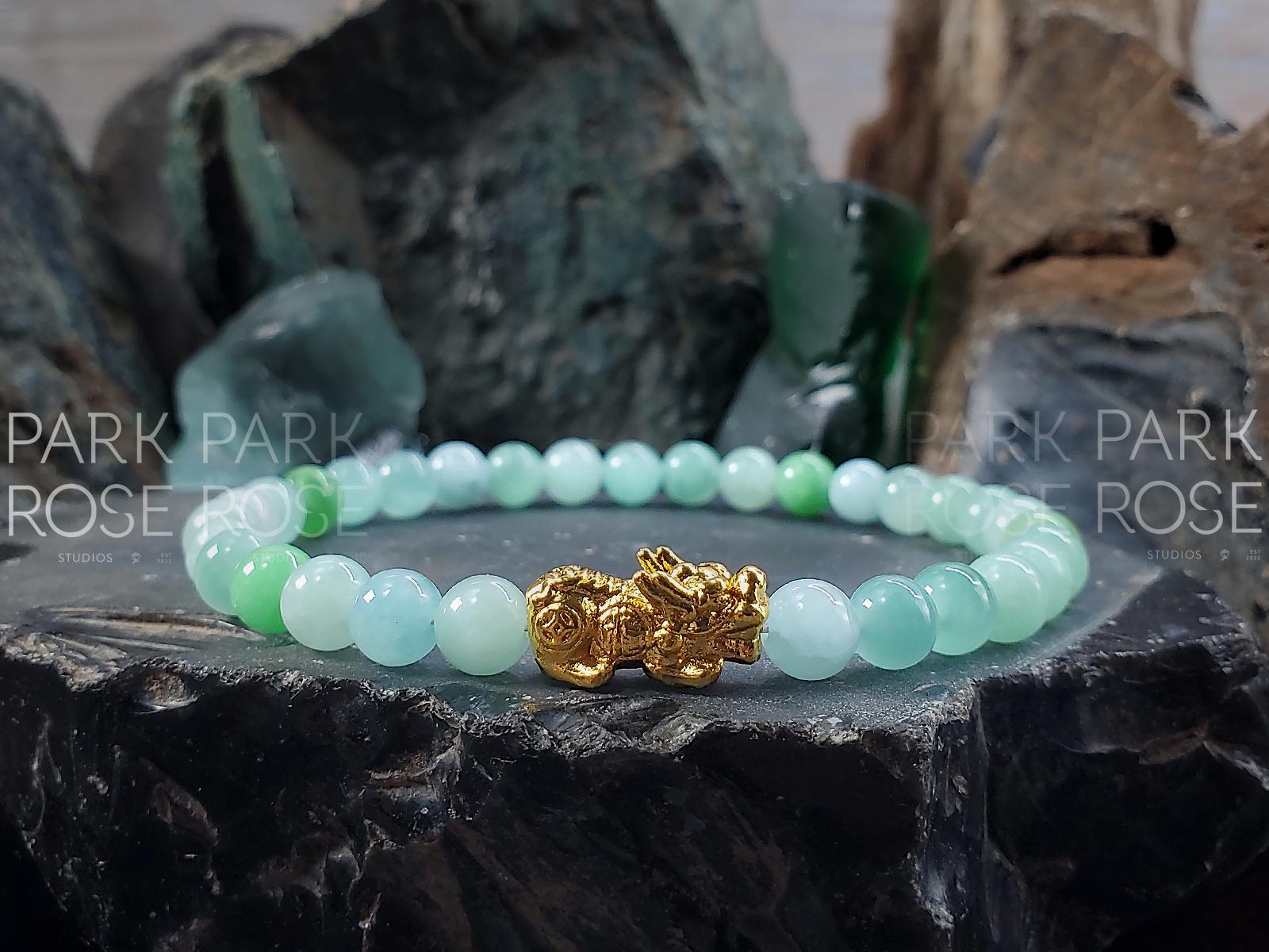 Burma Jadeite Bracelet: 24K Gold Plated Pixiu Charm (6mm)