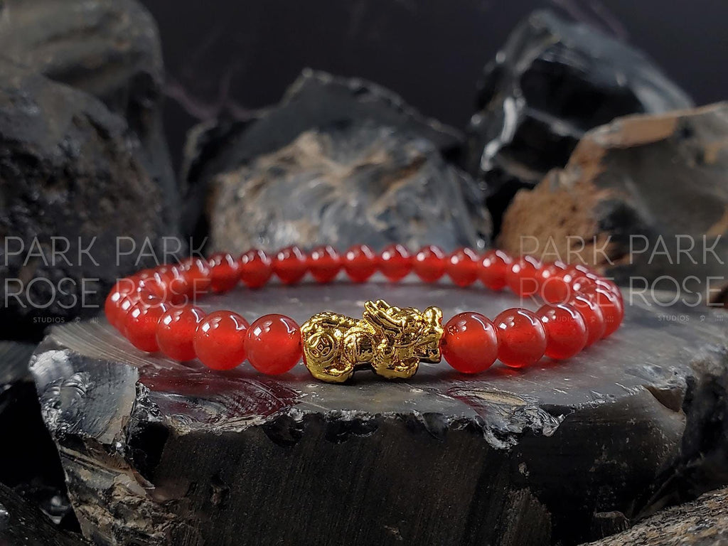 Red Carnelian Bracelet: 24K Gold Plated Pixiu (6/8/10mm)