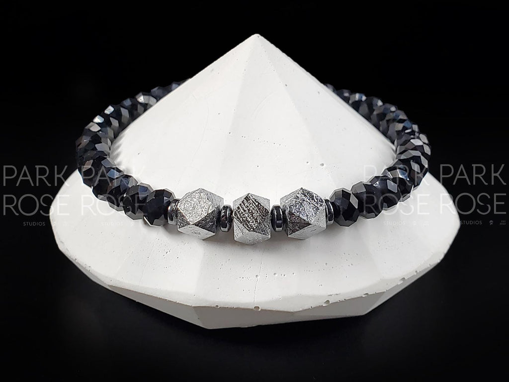 Gibeon Meteorite Bracelet: Faceted Black Spinel & Hematite Beads (6mm)