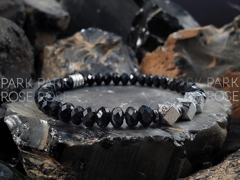 Gibeon Meteorite Bracelet: Faceted Black Spinel & Hematite Beads (6mm)