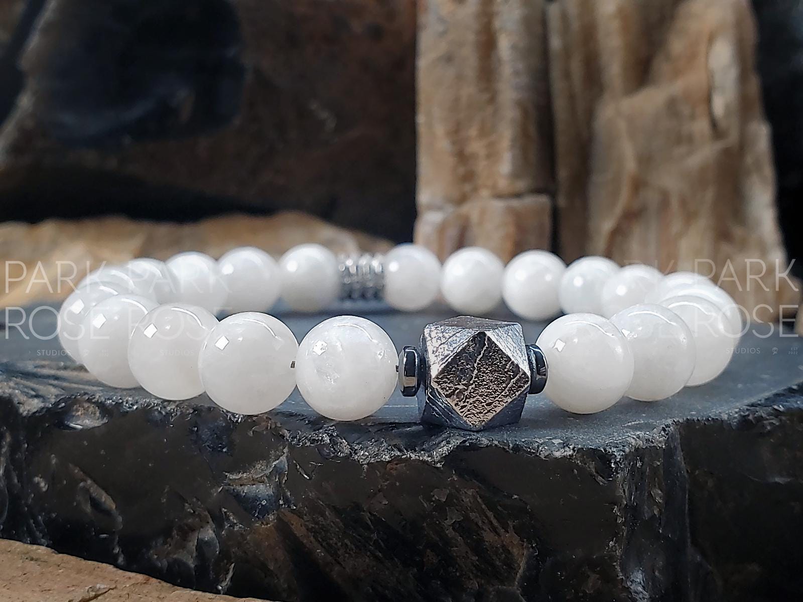 Gibeon Meteorite Bracelet Featuring AAAA Sri Lanka Moonstone (8mm)