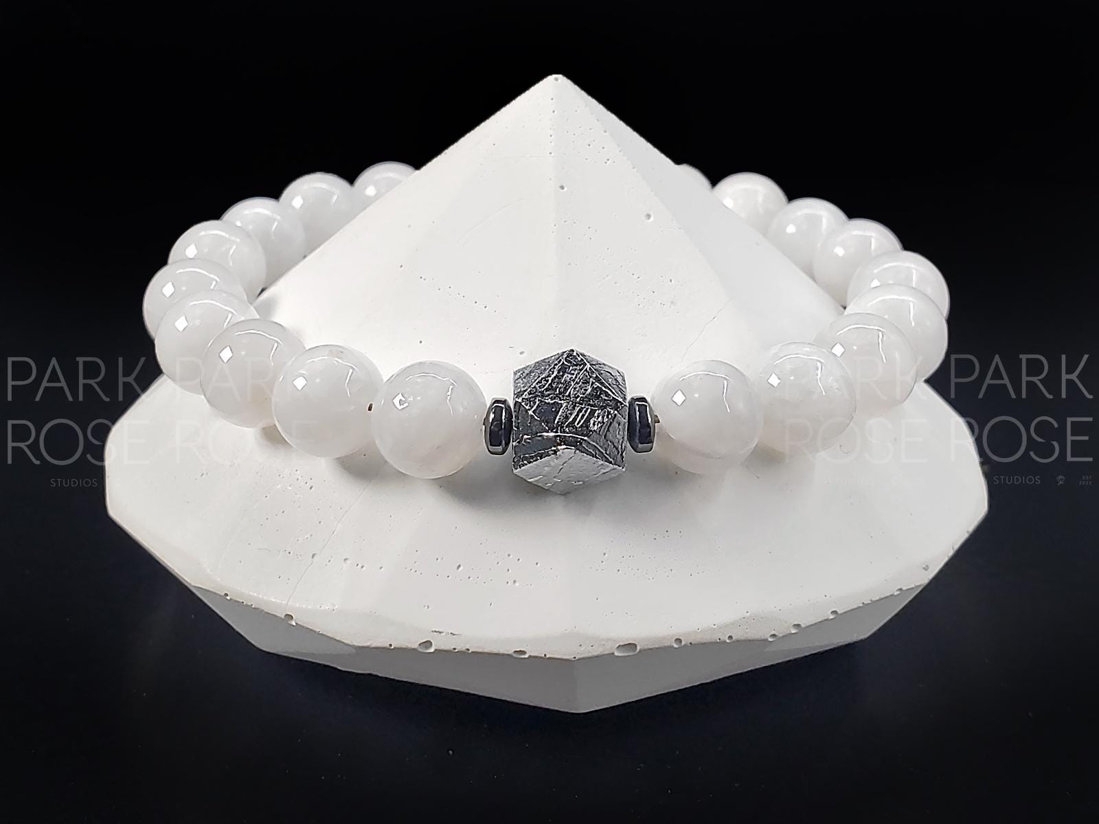 Gibeon Meteorite Bracelet Featuring AAAA Sri Lanka Moonstone (8mm)