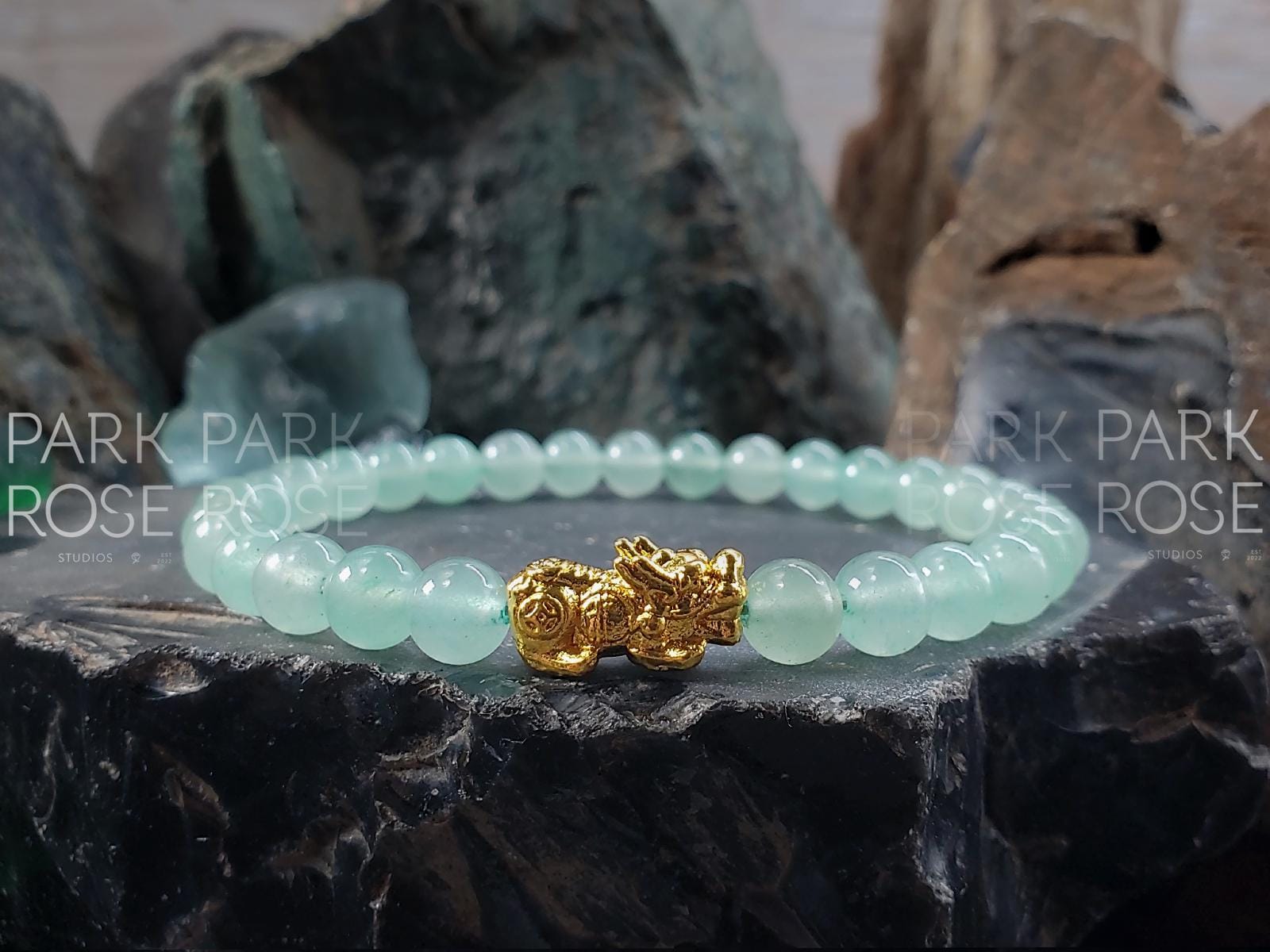 Green Aventurine Bracelet: 24K Gold Plated Pixiu