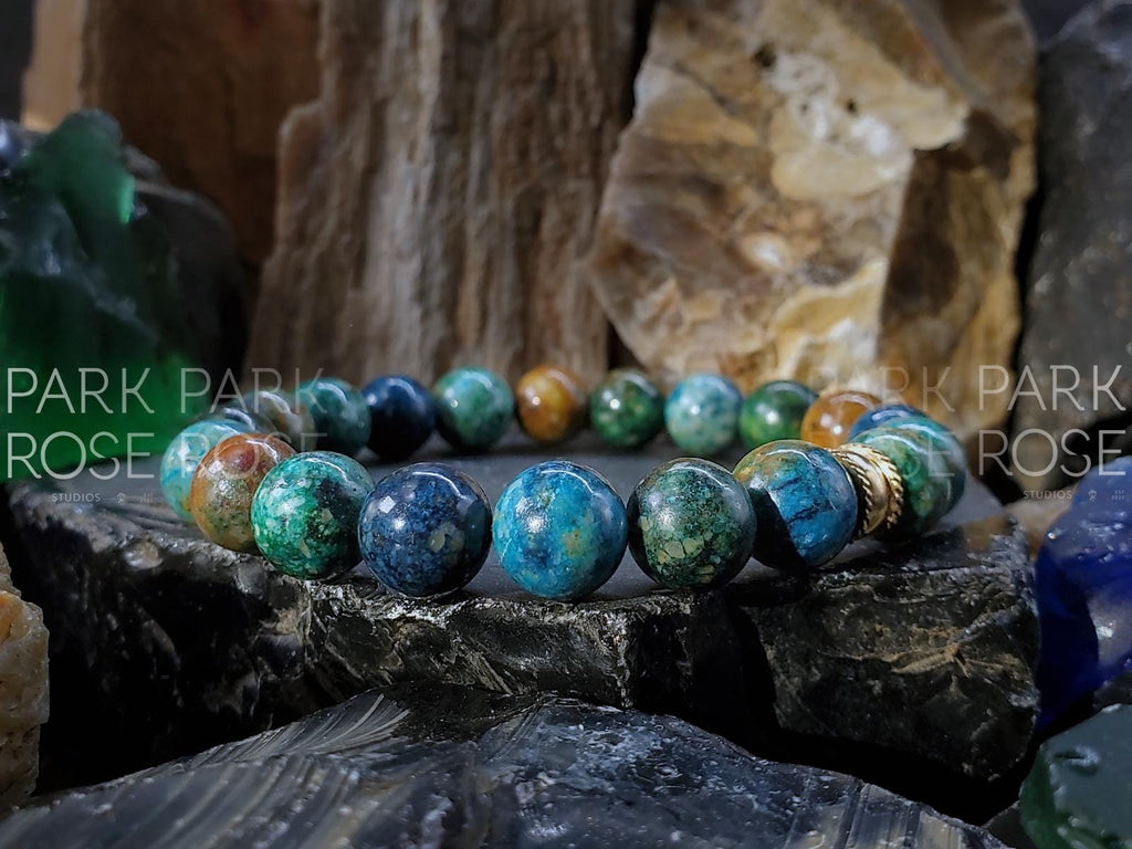 Phoenix Chrysocolla Lapis Lazuli Gemstone Bracelet: Gold/Silver Stainless Steel (10mm)
