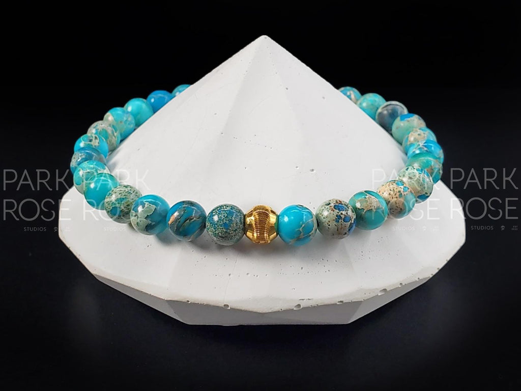 Lake Blue Jasper Bracelet: 24K Gold Cat Eye Bead (6mm)
