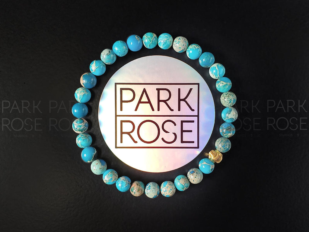 Lake Blue Jasper Bracelet: 24K Gold Cat Eye Bead (6mm)
