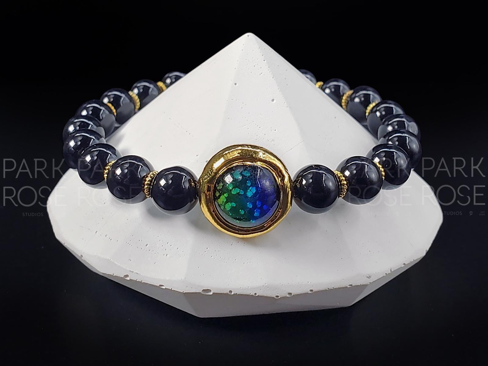 Black Tourmaline Bracelet: Murano Glass Gold Plated Bead (8mm)