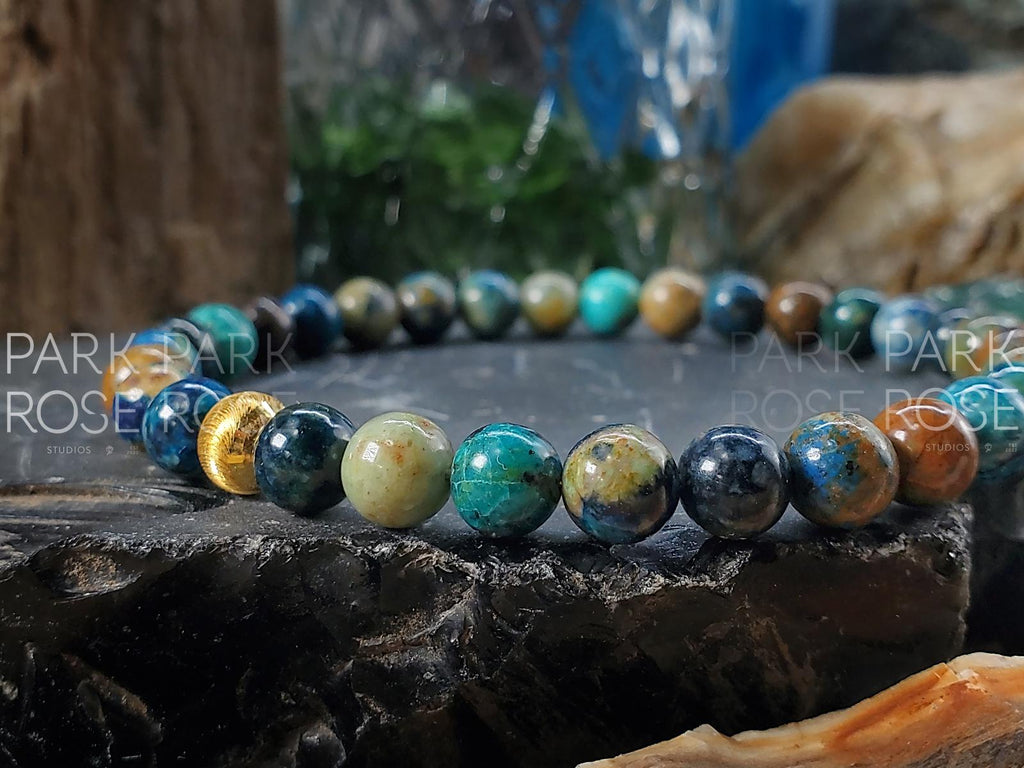 Phoenix Chrysocolla Lapis Lazuli Bracelet: 24K Gold Cat Eye Bead