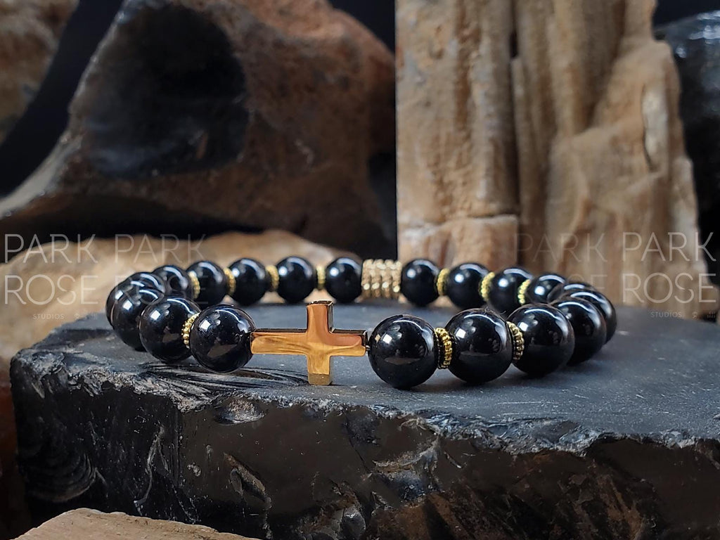Black Tourmaline Cross Bracelet: Stainless Steel Religious Jewelry (8mm)