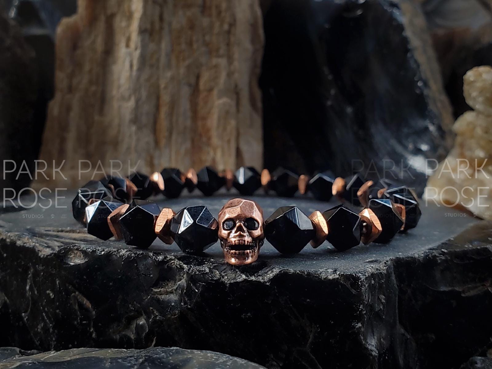 Copper Skull Bracelet: Black Agate