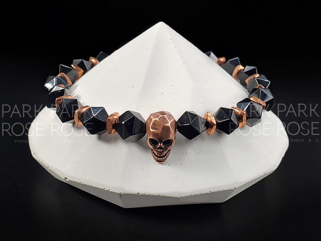 Copper Skull Bracelet: Black Agate